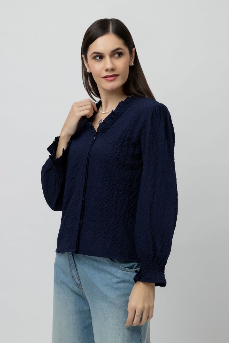 7OUNCE Women's Blue V-Neck Top with Ruffle Detail - Image 4